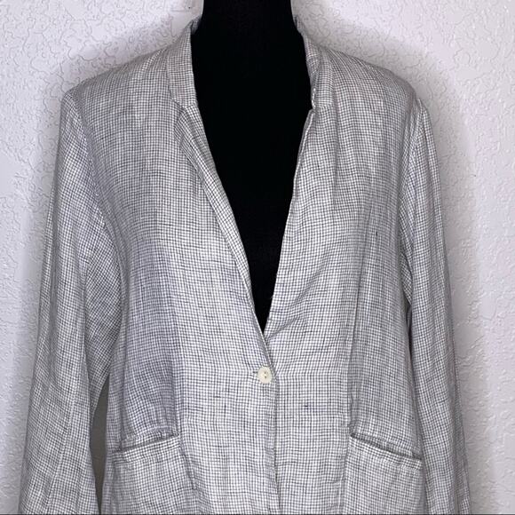 Eileen Fisher white navy windowpane plaid long linen jacket size Medium - Picture 9 of 14